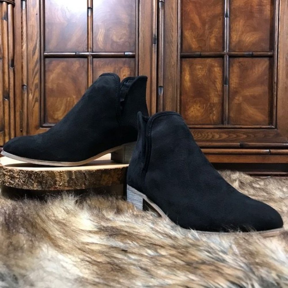 Seven7 Black Faux Suede Split Side Perforated Back Sim Birch Heel Bootie
